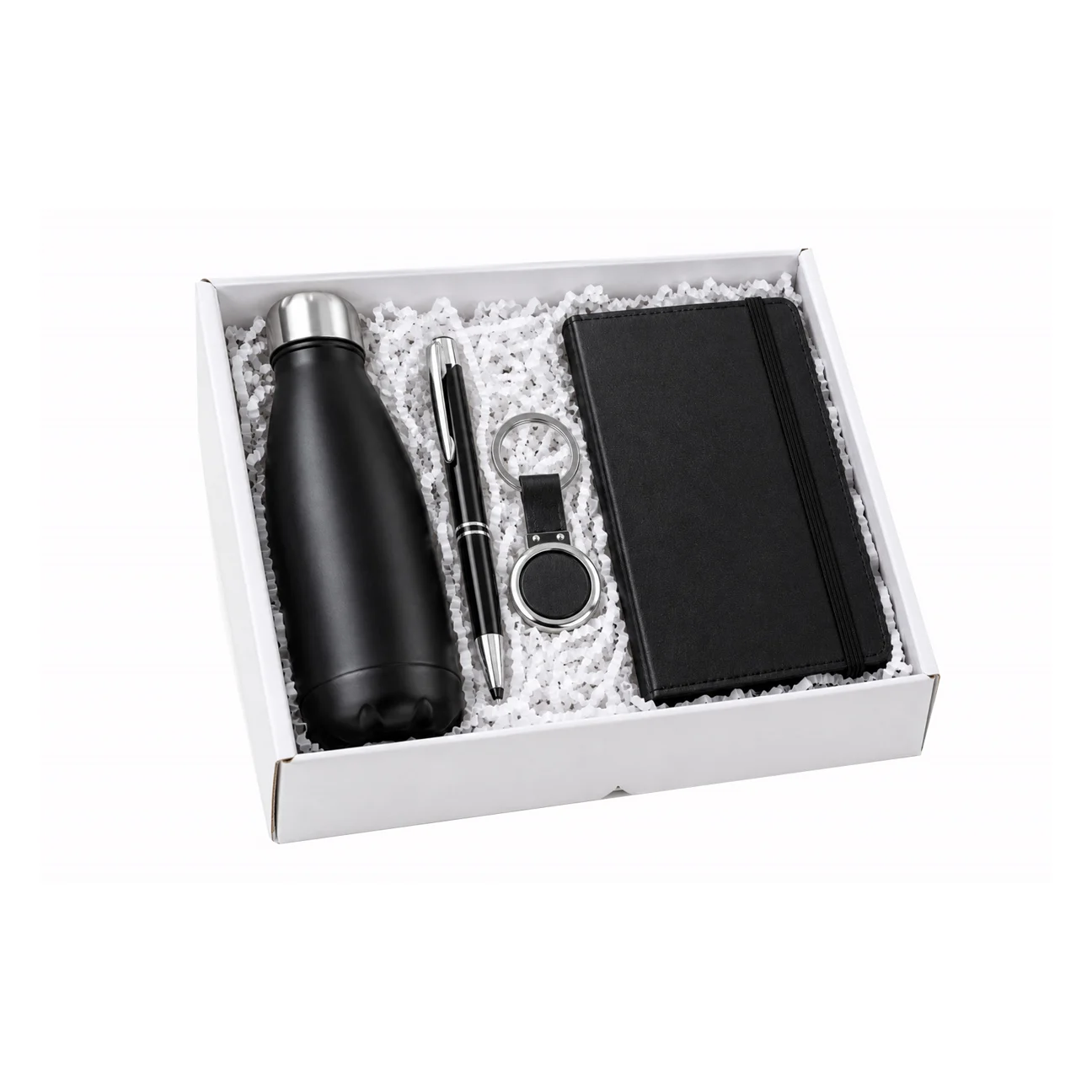 Kit Silver: Squeeze tapón silver 630 ml, Lapicero metálico con puntero, Llavero metálico, Libreta ejecutiva, Caja gift con relleno
